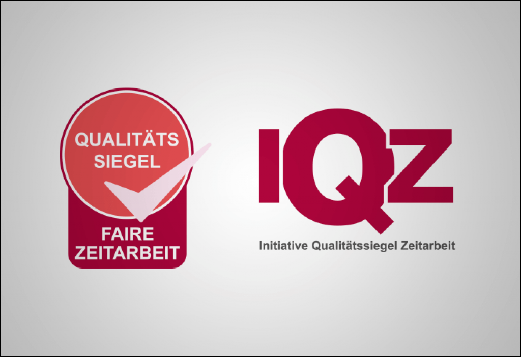 Logo der Initiative Qualit&auml;tssiegel Zeitarbeit IQZ mit dem Siegel Faire Zeitarbeit.